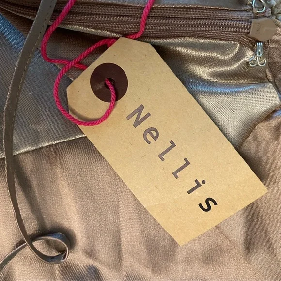 NELLIS, L, gold satin draped neck & back, criss cross strap dress, new w/ tags!! - Picture 5 of 8